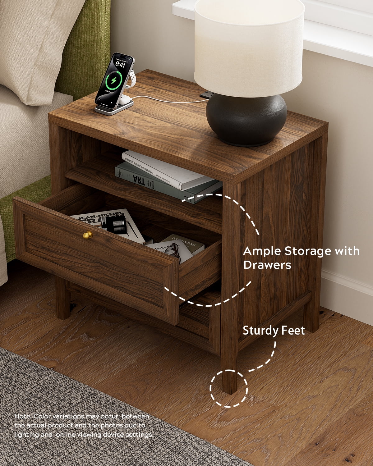 EYYTHUNG Modern Nightstands with 2 Drawers Wooden End Table with Charging Station Farmhouse Night Stand Bedside Side Table with Storage Open Shelf, Brown