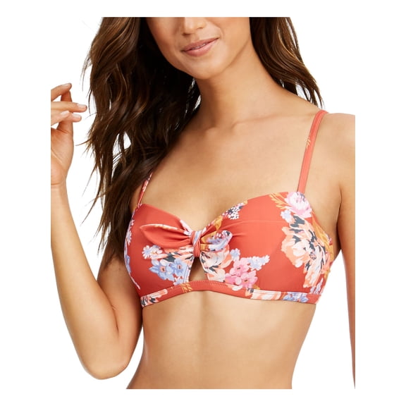 SUNDAZED Women's Orange Floral Stretch Bow Tie Beka Swimsuit Top 36DD