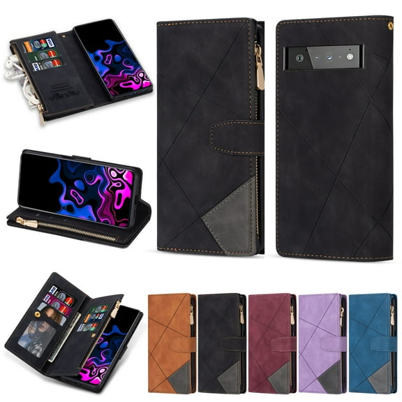 SaniMore for Google Pixel 7A Case with Card Slot, for Samsung Z Fold 5 [Zipper Pocket] Line Stitching Wallet Stand PU Leather Folio Flip Kickstand + Hand Strap Protective Shell, Black