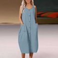 thumbnail image 4 of Vestido de verano sin mangas para mujer, vestido holgado, cómodo, informal, Vintage, sólido, con cuello redondo, bolsillos y botones, novedad de 2023, 4 of 5