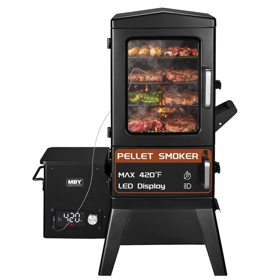 JXXM Vertical Electric Pellet Smoker Grill, Black, 616 Sq In Cooking Area, LED Temp Control, Meat Probe, 4 Racks, Outdoor BBQ Smoker