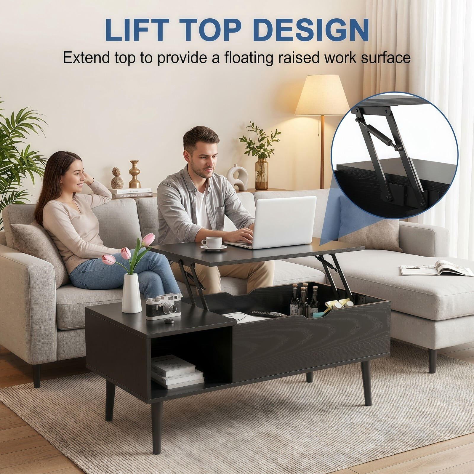 Kelno Lift Top Coffee Table with Hidden Compartment and Storage Shelves Wood Dining Center Table, Black