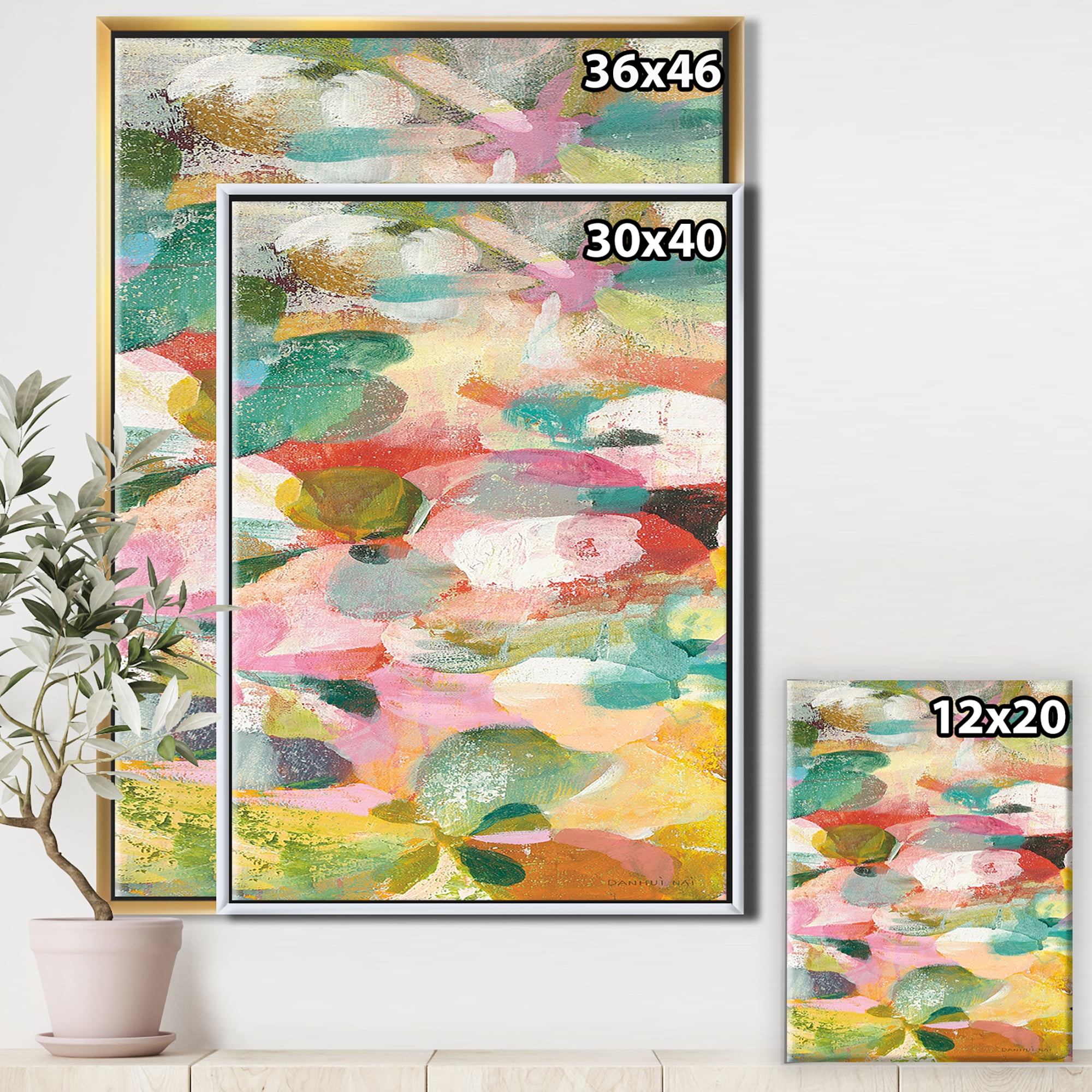 Designart ' Abstract Pastel Flower Painting with Pink and Blue ' Cabin & Lodge Framed Canvas