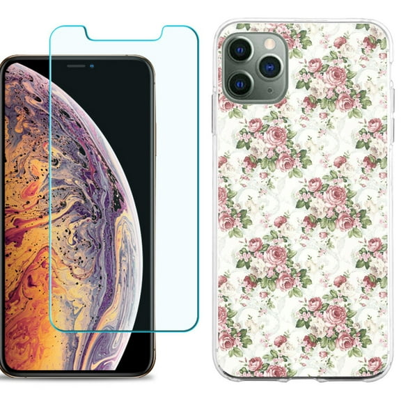 For Apple iPhone 11 Pro Max Phone Case , Slim-Fit TPU Case with Tempered Glass Screen Protector, by OneToughShield ® - Floral/Rose