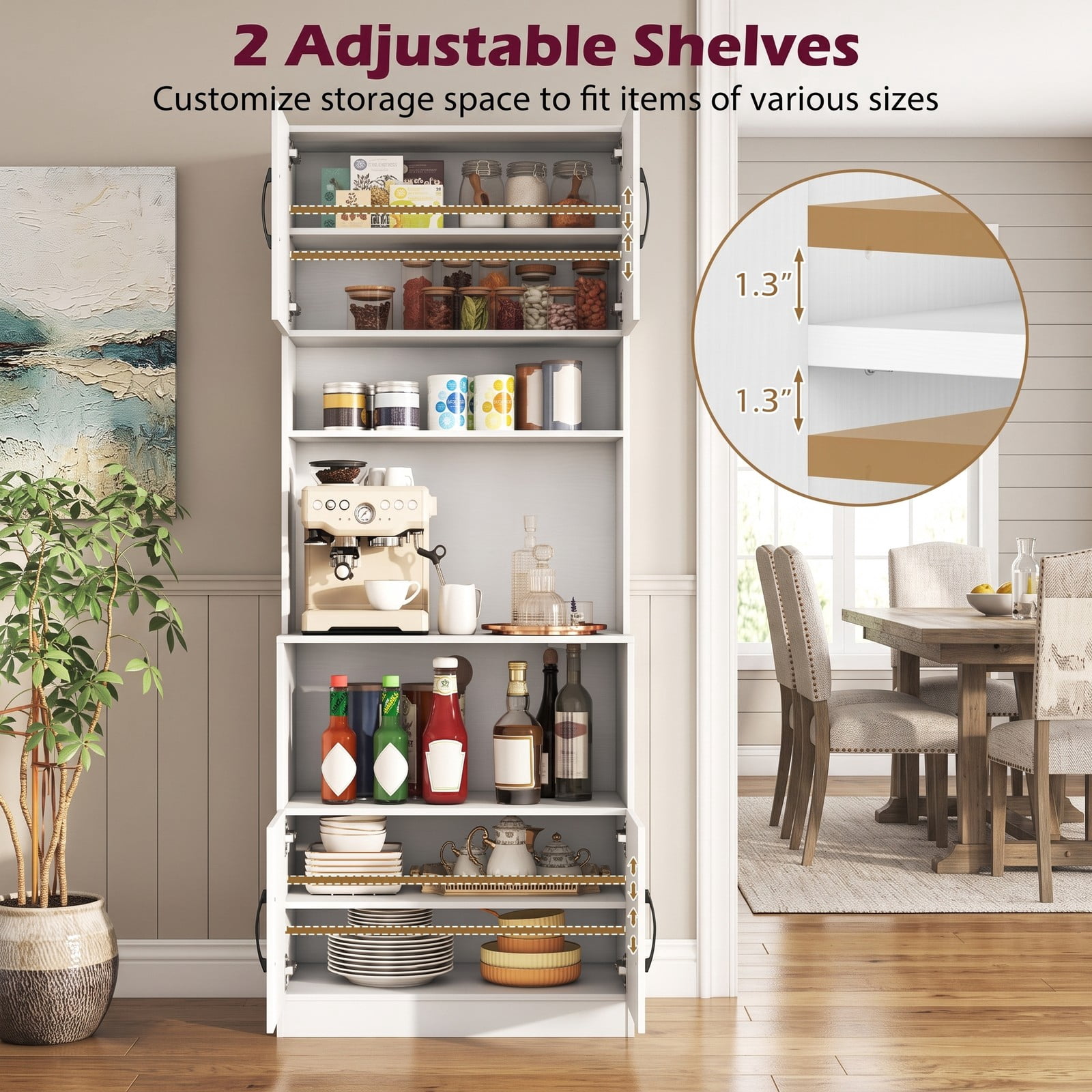 Furnibear 66 Inch Kitchen Pantry Cabinet with Charging Station, Adjustable Shelves and Wide Countertop, Freestanding Storage Hutch for Kitchen Dining Room, White