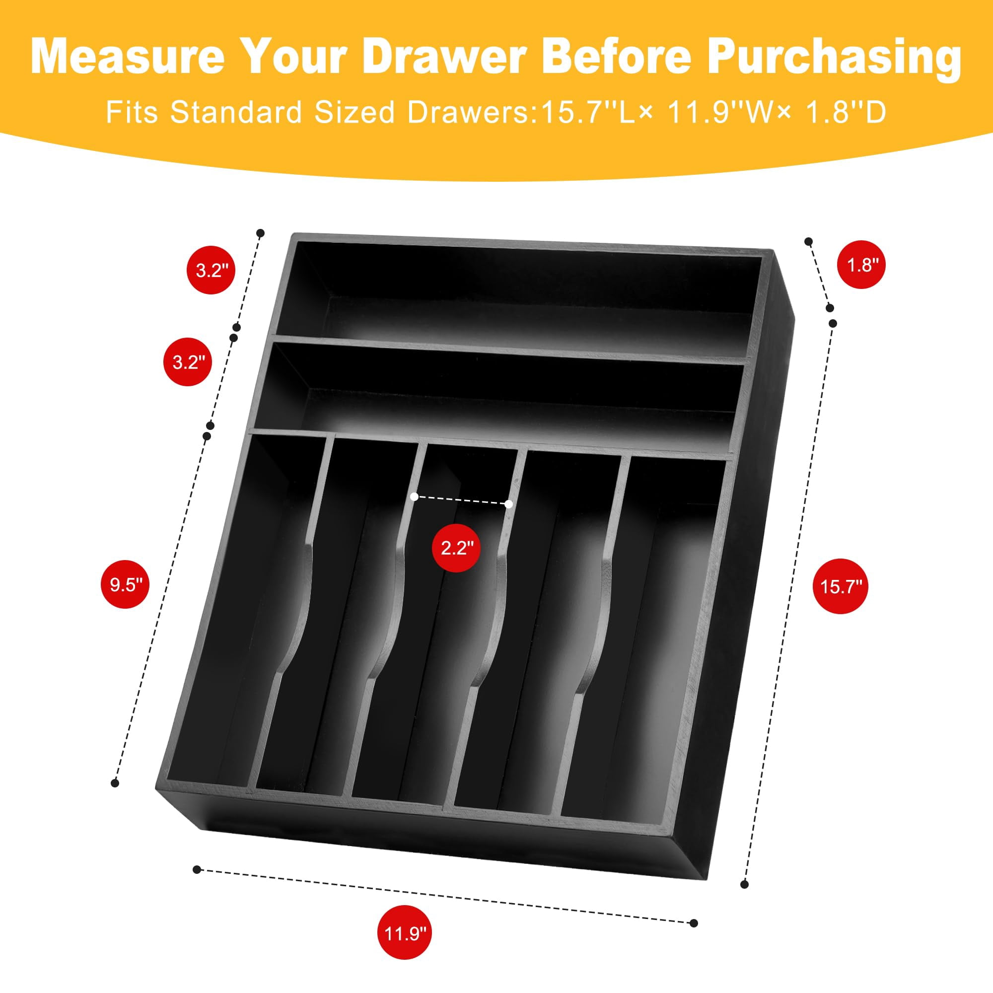 Kitchen Silverware Organizer  Drawer - Utensil Holder And Cutlery Tray With Grooved Dividers For Flatware 7 Slot Black