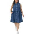 thumbnail image 2 of Agnes Orinda Women's Plus Size Denim Dress Lapel Sleeveless Button Down Cute Summer Midi Jean Babydoll Dresses 1X Blue, 2 of 7