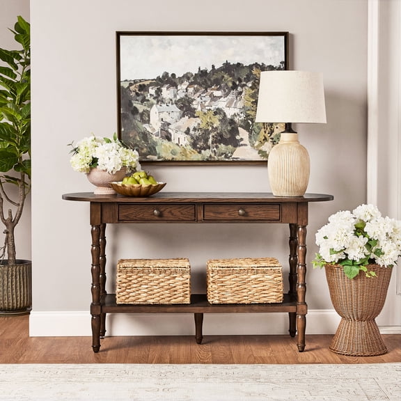 My Texas House Lewis Console Table in Warm Brown with Oval Top and Storage Drawers