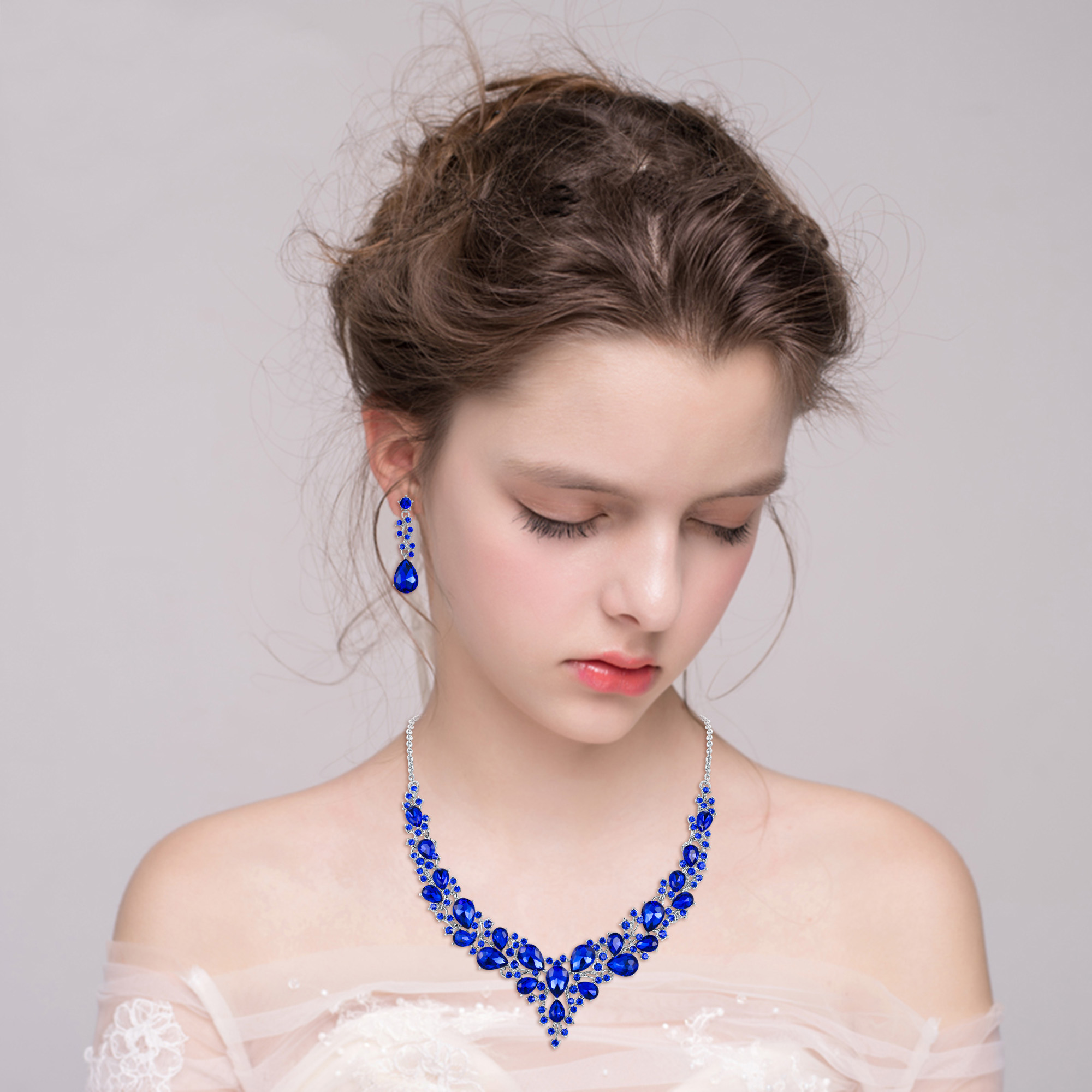 Wedure Wedding Bridal Necklace Earrings Jewelry Set for Women, Austrian Crystal Teardrop Cluster Statement Necklace Dangle Earrings Set Blue Silver-Tone - image 3 of 5
