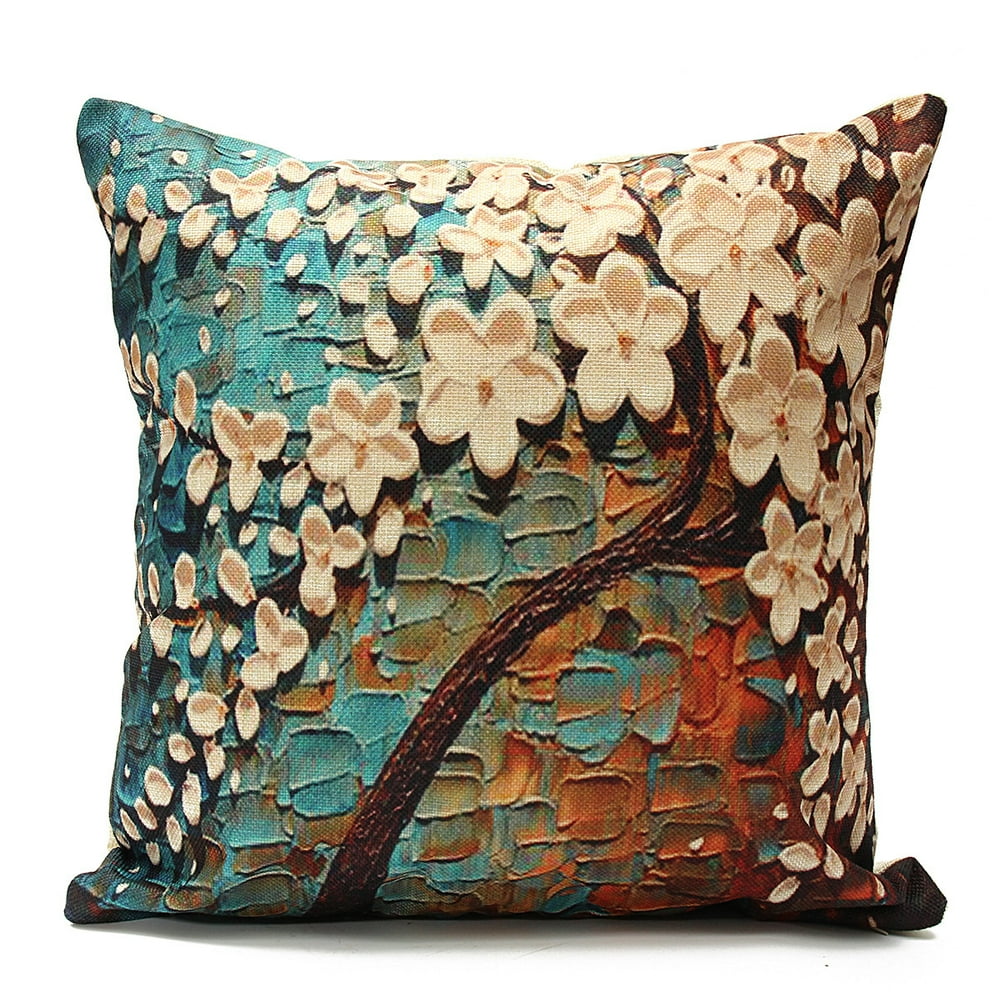 Non3D Printed Flower Tree Cotton Linen Decorative Throw Pillow Case