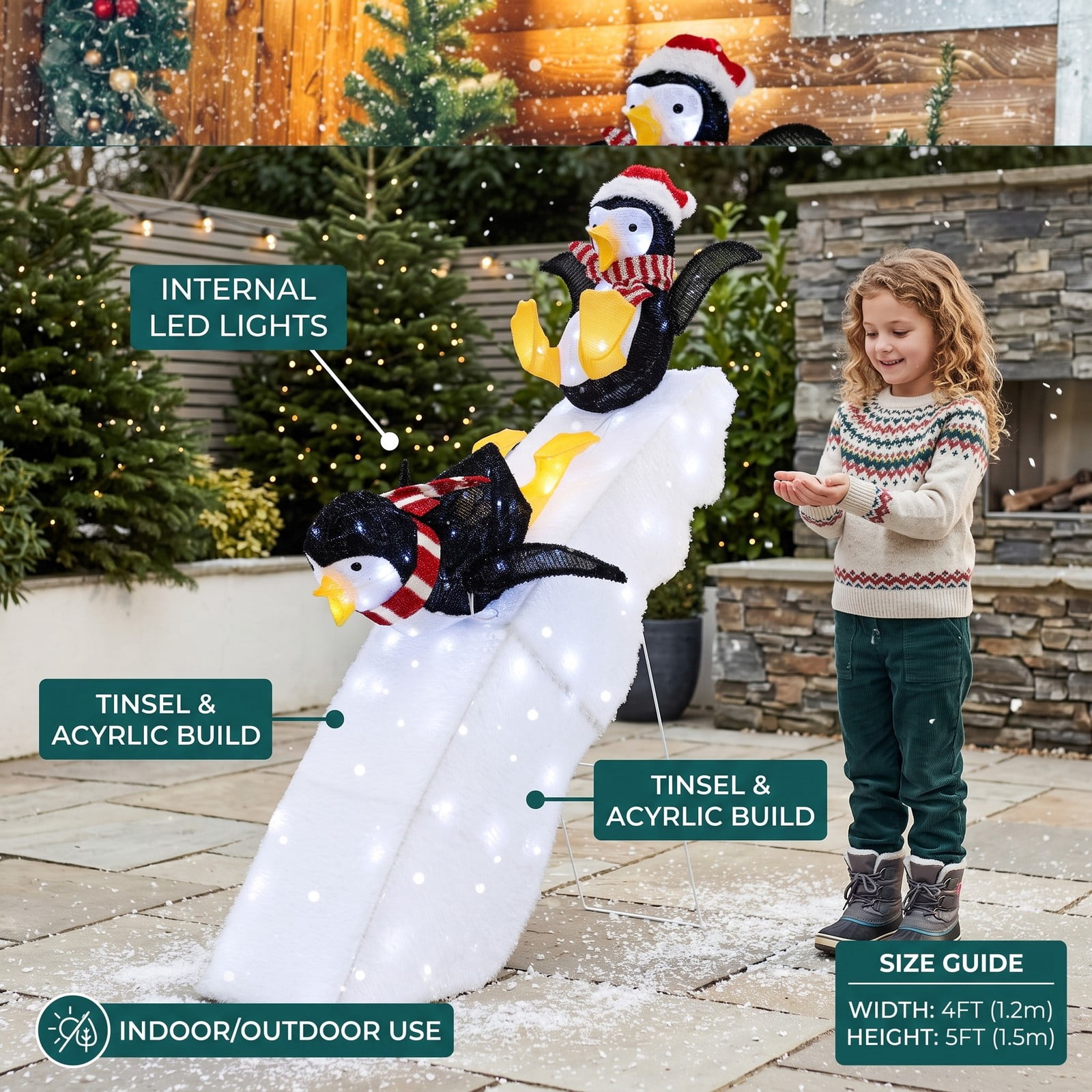 RUIE 4 Feet Christmas Penguin Ice Skating Decoration with Snowy Slide, 130 LED Lights Lighted Outdoor Indoor Holiday Yard Decor, Black White Yellow