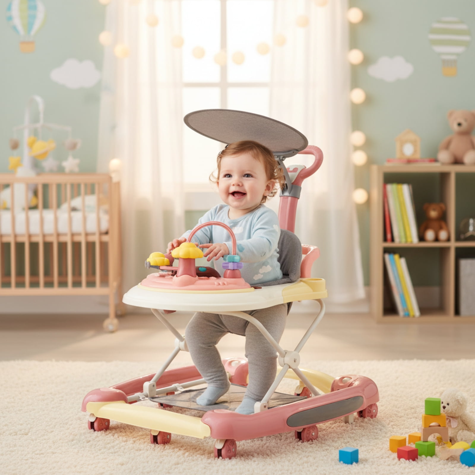 PUEDO 5-in-1 Baby Walker with Wheels,Infant Toddler Walkers Bouncer for Baby Boys Girls,7 Months+,Pink