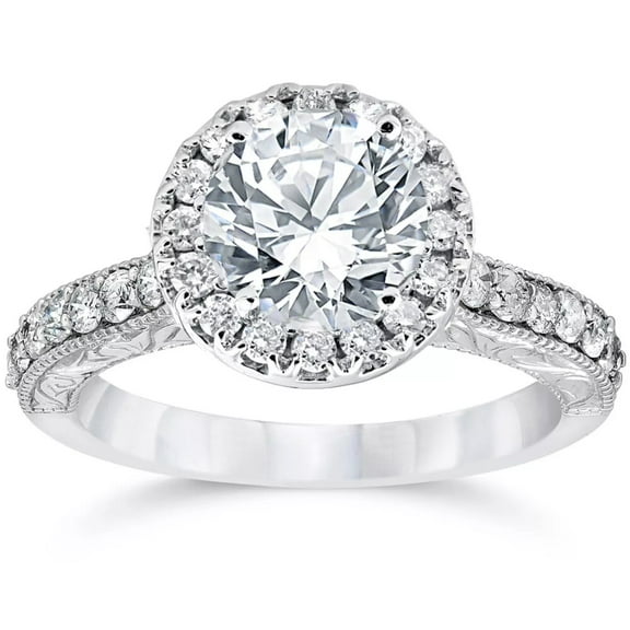 Pompeii Certified 2Ct Diamond Halo Engagement Ring Antique 14k White Gold Lab Grown