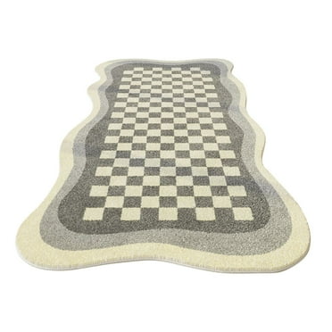 Irregular Area Rug, 23.6x63Inch, A Modern Simple Decorative Carpet Printed with Green White Checkerboard Pattern, Large Area Non-Slip Special-Shaped Wavy Mat for Living Room Nursery