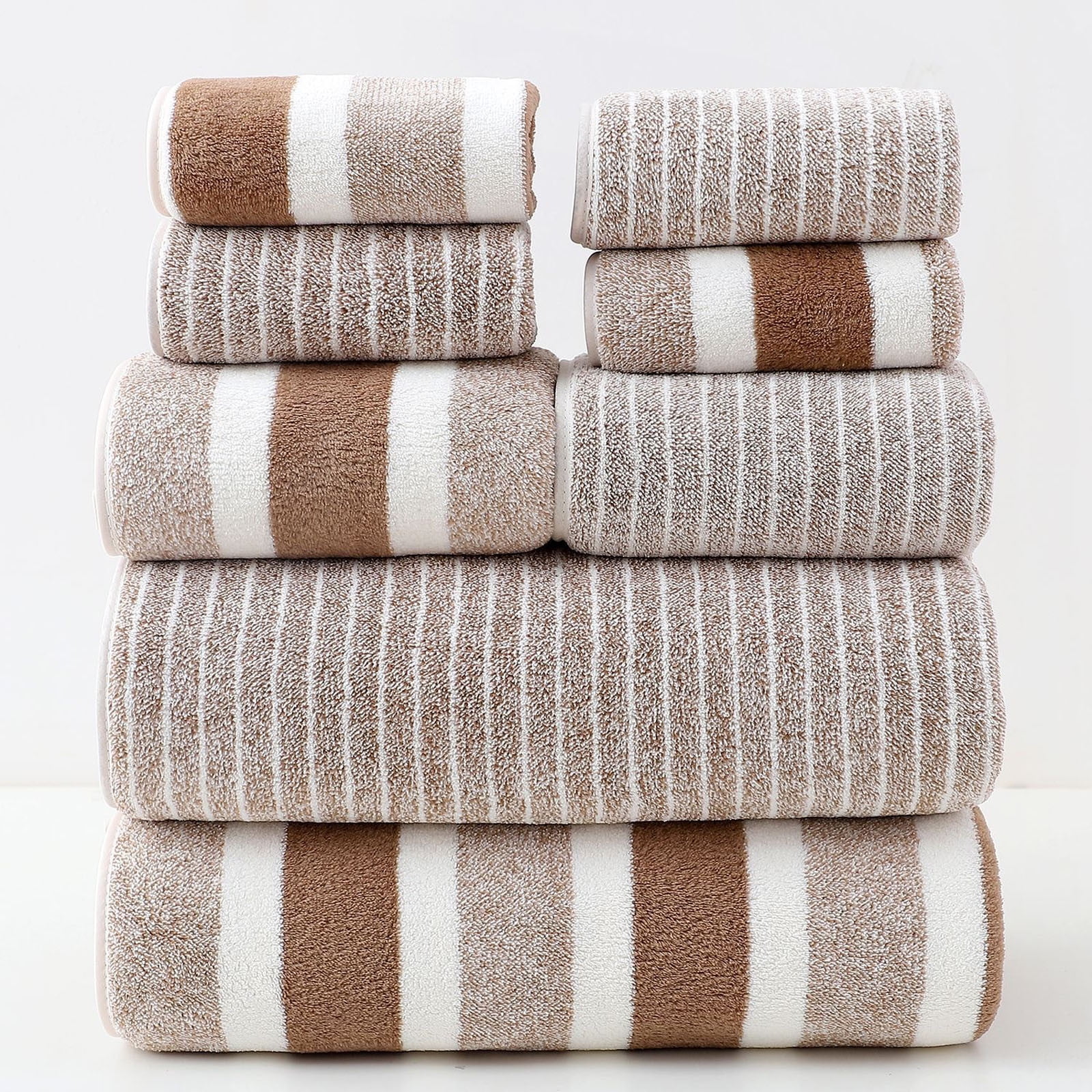 Cadancy 8 Pack Striped Coral Fleece Towels Set includes Bath Towels Face Towels Washcloths, High Absorbency Fast Drying, Ultra Soft Ideal for Family Guest Daily Use