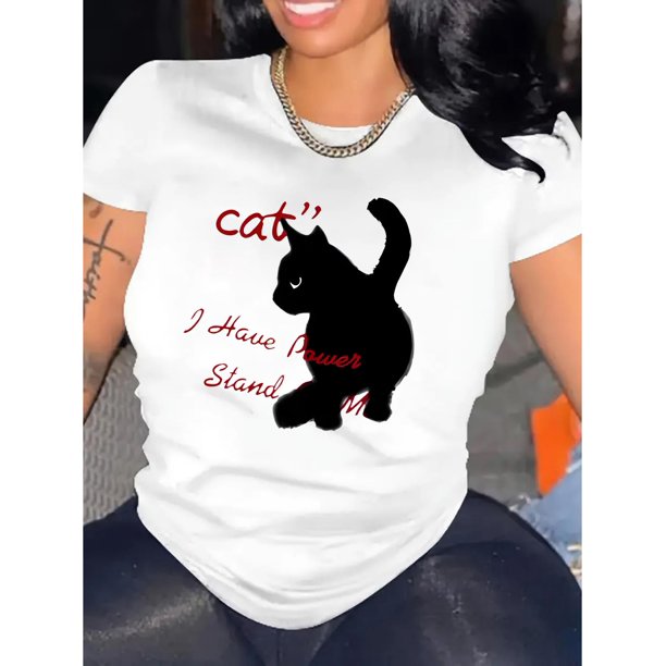 Camiseta con estampado de gato chic para mujer: camiseta informal de manga corta y cuello redondo, algodón elástico, lavable a máquina, no transparente, ideal para todas las estaciones. Camisetas de o