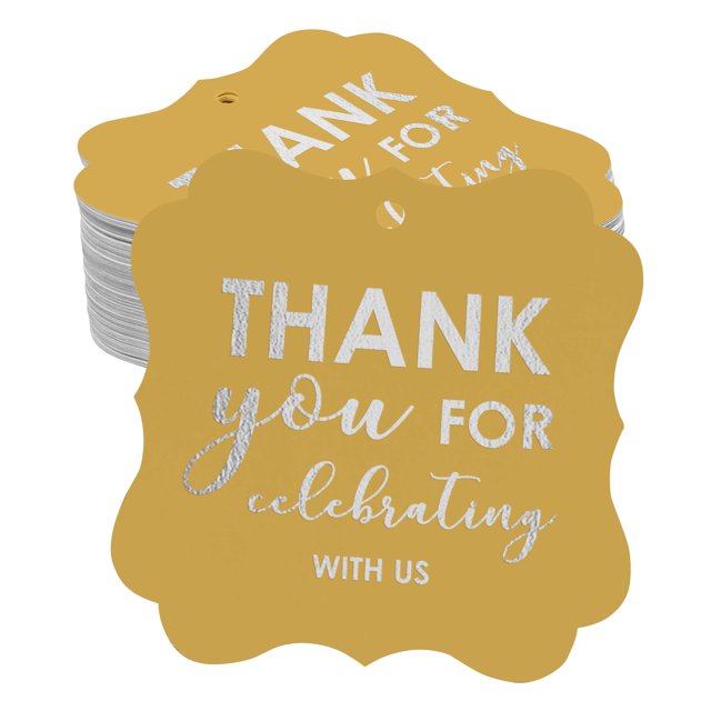 Inkdotpot Pack Of 100 Thank You For Celebrating With Us Bridal Shower-Baby Shower-Retirement-Wedding-Birthday Paper Tags DIY Craft Bracket Shape Real Silver Foil Hang Tags
