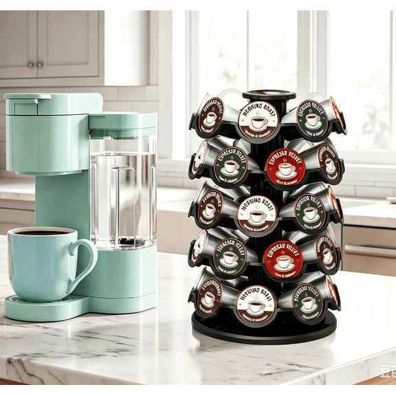 Everie Coffee Pod Carousel Organizer Compatible K Cup Pods Holds 40 Smooth Rotation 8" x 8"x 12.4" Countertop Storage