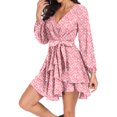 thumbnail image 6 of Aiyino Women's Dress Deep V-Neck Long Sleeve Waist Tie Ruffle Mini Swing Skater Dresses,Floral Pink, 6 of 7
