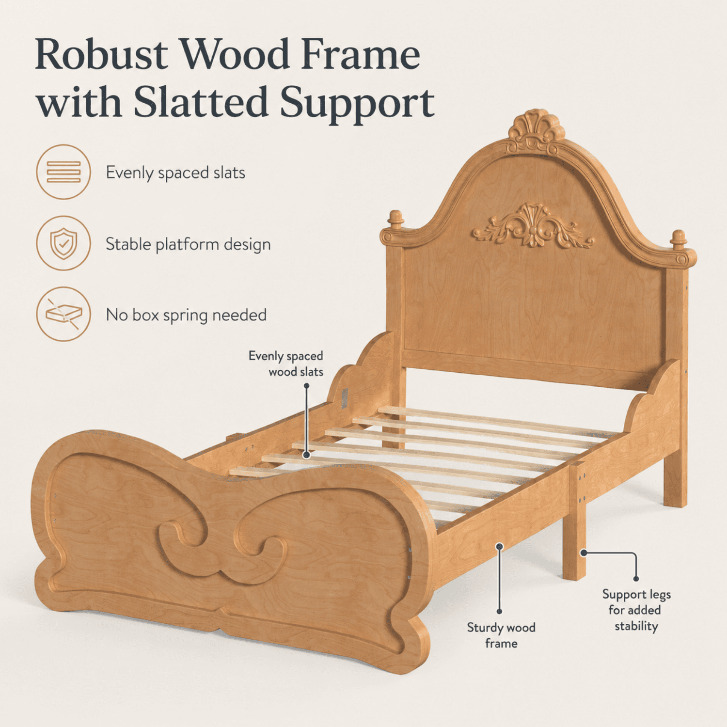 Miniyam Twin Size Kids Platform Bed Frame with Carved Headboard and Footboard, Wood Bed, Natural