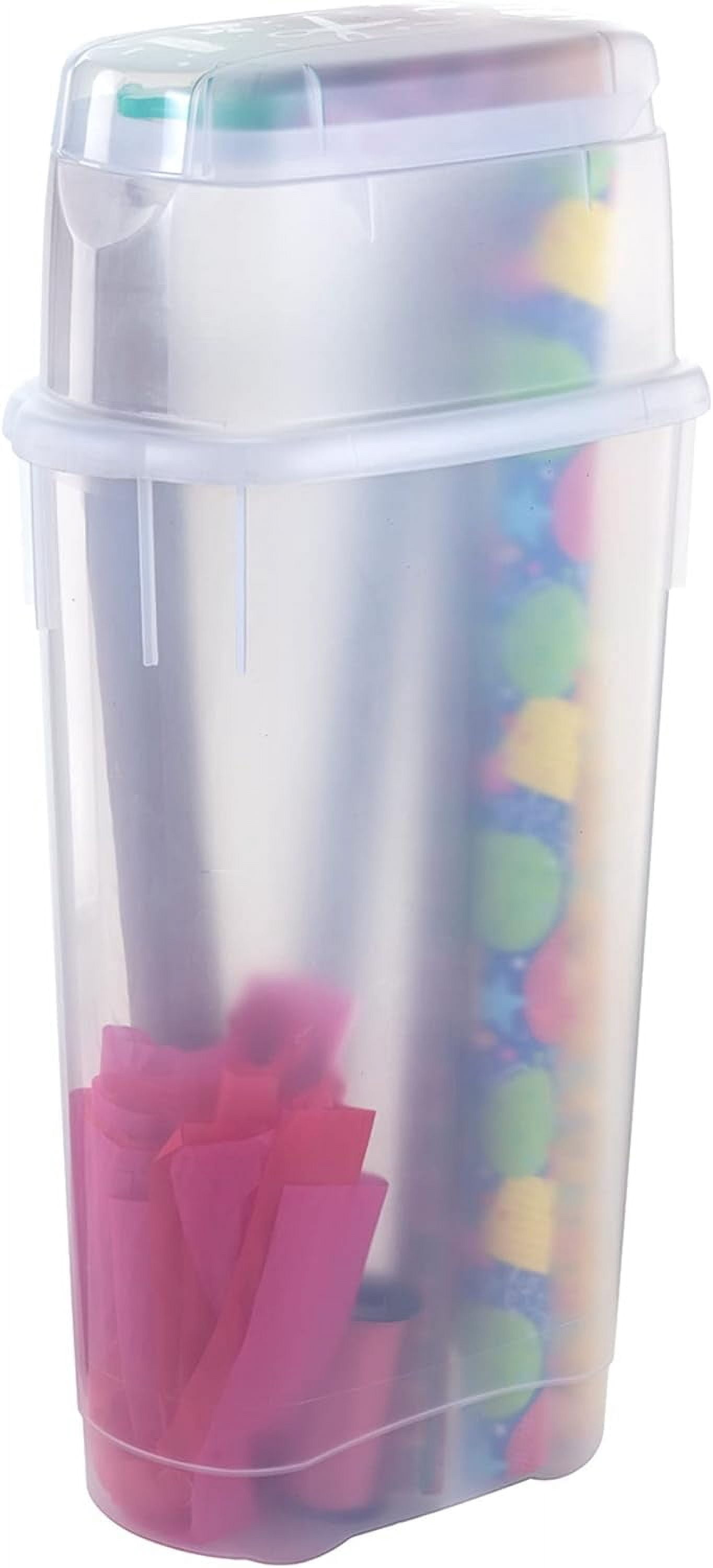 Librala Wrap N' Craft Plastic Wrapping Paper Organizer Storage Container with Top Ornament Storage Compartment for 20 Standard 30 Inch Rolls, Clear
