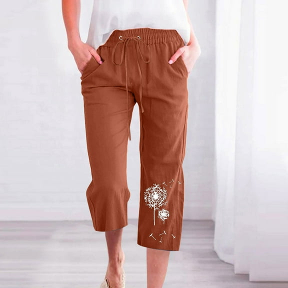 Linen Pants Women Summer Fashion Casual Printing Elastic Loose Pants Straight Capris Beach Plus Size High Waisted Wide Leg Pants with Pocket S-3XL on Clearance