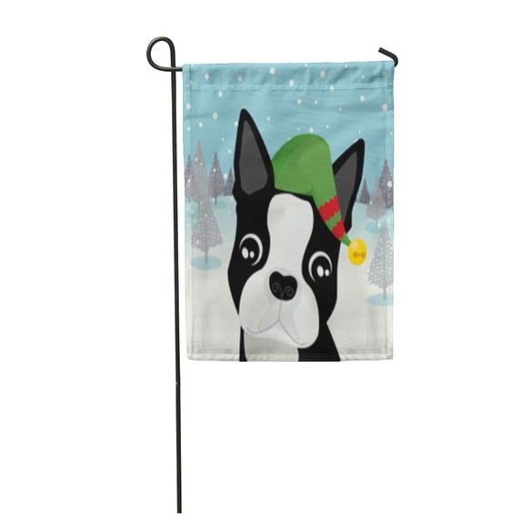 SIDONKU Christmas Boston Terrier Elf Winter Dog Muzzle Snout Snow Garden Flag Decorative Flag House Banner 12x18 inch