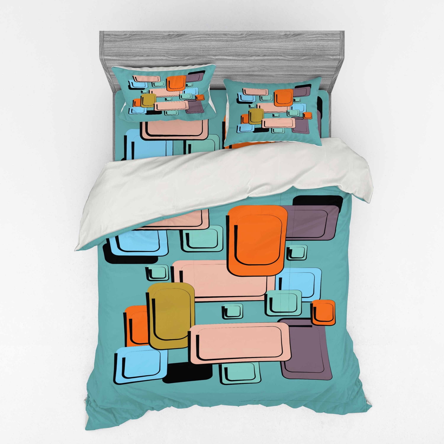 Retro Duvet Cover Set, Geometric Pattern with Beveled Squares and