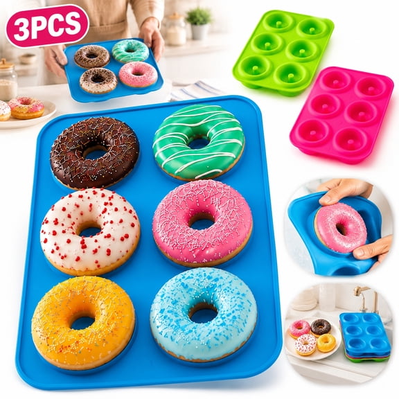 3-Pack Silicone Donut Baking Pan Set - Non-Stick 6-Cavity Mold for Homemade Donuts, Muffins, Cupcakes, Cakes, Bagels & Pastries , Oven, Microwave & Dishwasher Safe - Easy Release & Clean (Multicolor)
