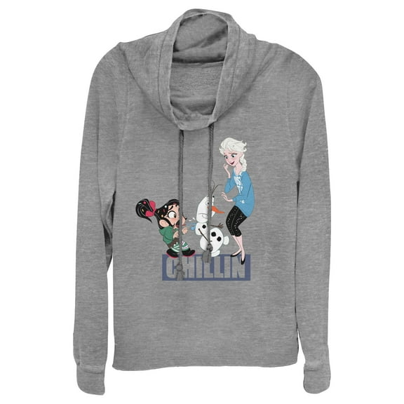 Junior's Ralph Breaks the Internet Elsa Chillin  Cowl Neck Sweatshirt Gray Heather 4X Large