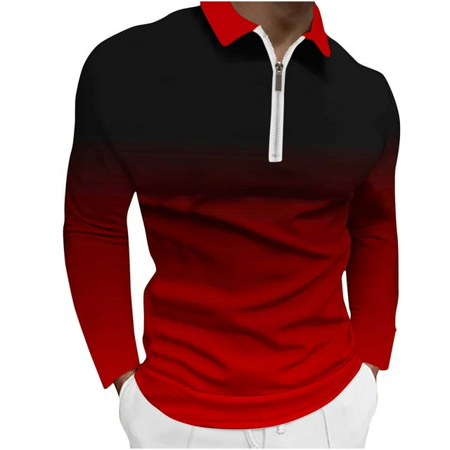 zanvin Hauts Polos pour Hommes à Manches Longues Décontractés, Col à Fermeture à Glissière, Légers, Rouge, P