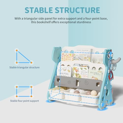 UNICOO® Kids Baby Dragon 2 Tier Bookshelf with 3 Toy Storage Bins, Children Bookshelf & Toy Organizer (Green)