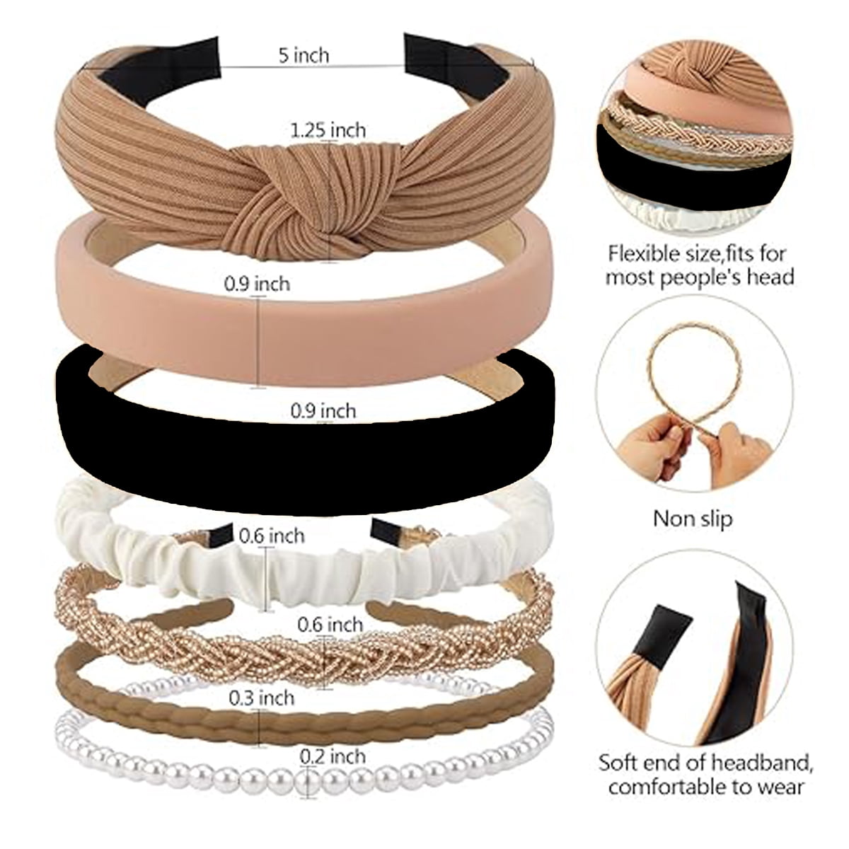 7 Pcs Headbands for Women Gifts Brown Knotted Solid Head Bands Pearl Headband Non Slip Hairbands Fashion Hair Accessories