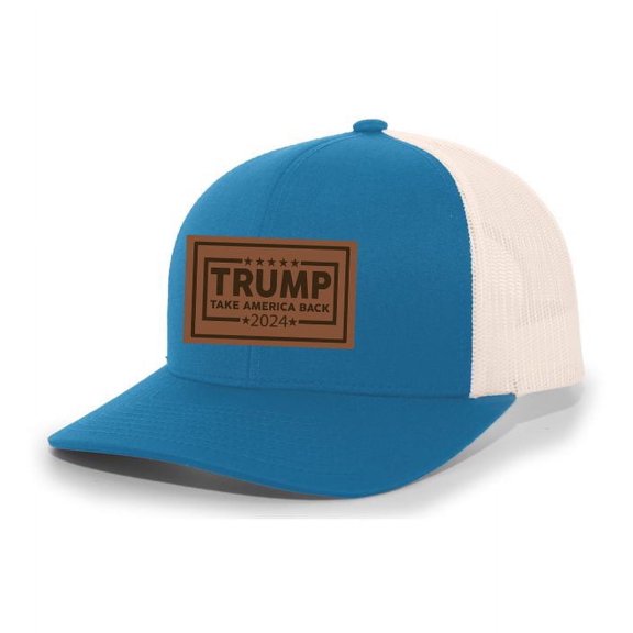 Trenz Shirt Company Political Trump Take America Back 2024 Embroidered Leather Patch Trucker Snapback Hat- Teal/Beige