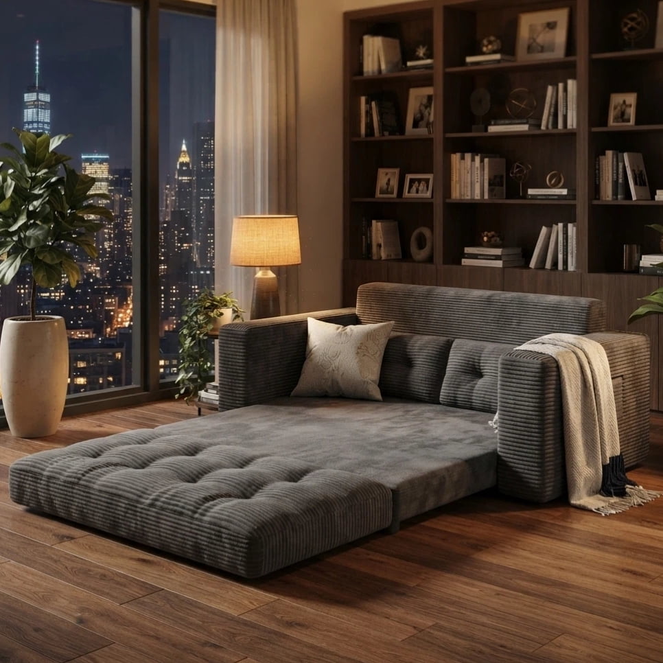 Boneless Loveseat, Lofka 59''Folding Floor Sofa Bed with 2 Pillows & Pockets for Small Spaces, Corduroy Cloud Sofa for Apartment Living Room, Gray