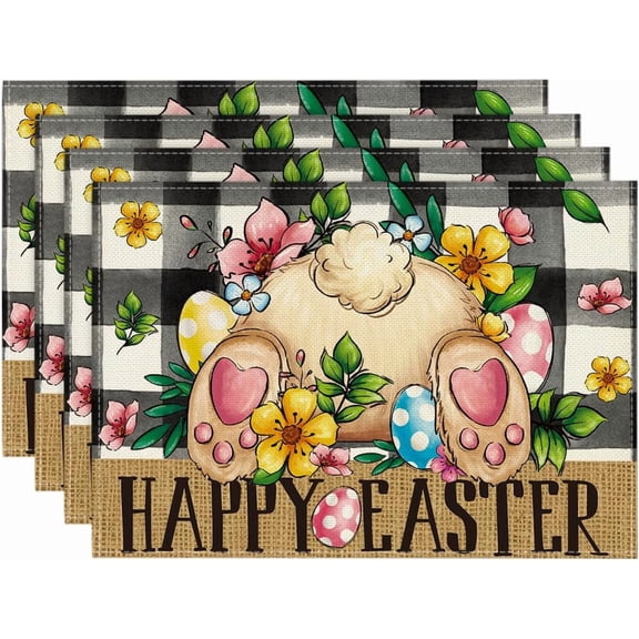 Buffalo Plaid Bunny Egg Flowers Happy Easter Placemats Set of 4, 12x18 Inch Spring Seasonal Table Mats for Party Kitchen Dining Decoration