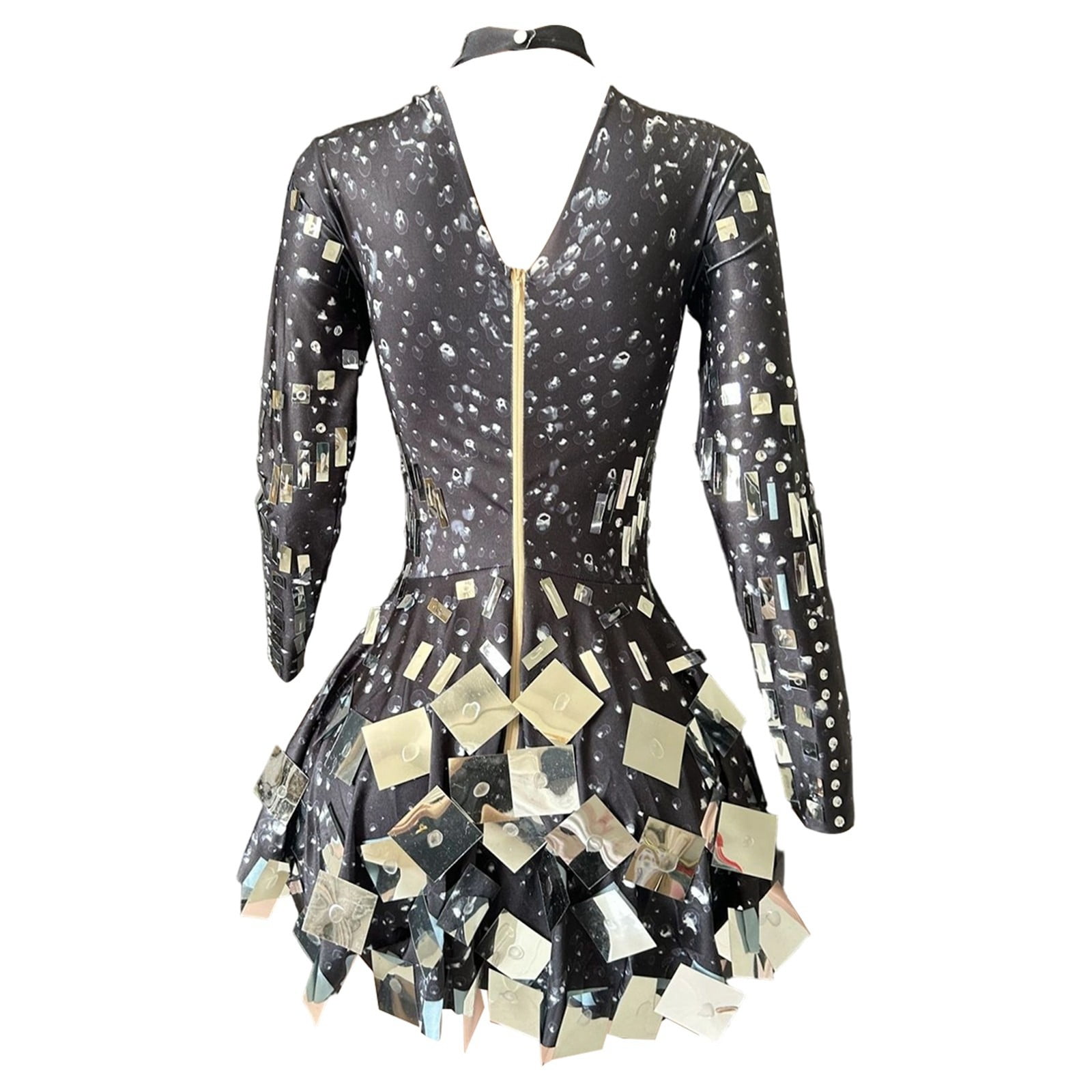 XIAOCHA Women's Mirror Sequin Mini Dress Long Sleeve High Neck Slim Fit Dress Futuristic Party Performance Dress