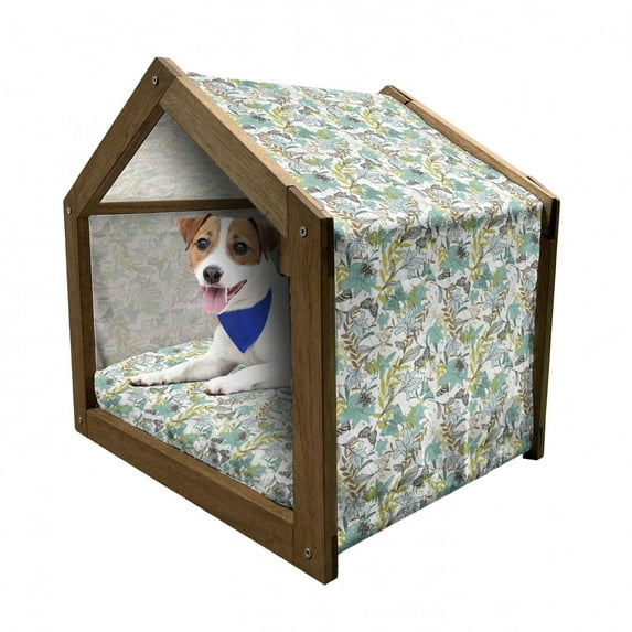 Floral Pet House, Flying Birds Butterflies Floral Elements Art Wildflowers Nature, Outdoor & Indoor Portable Dog Kennel with Pillow and Cover, 5 Sizes, Yellow Green Caramel, by Ambesonne