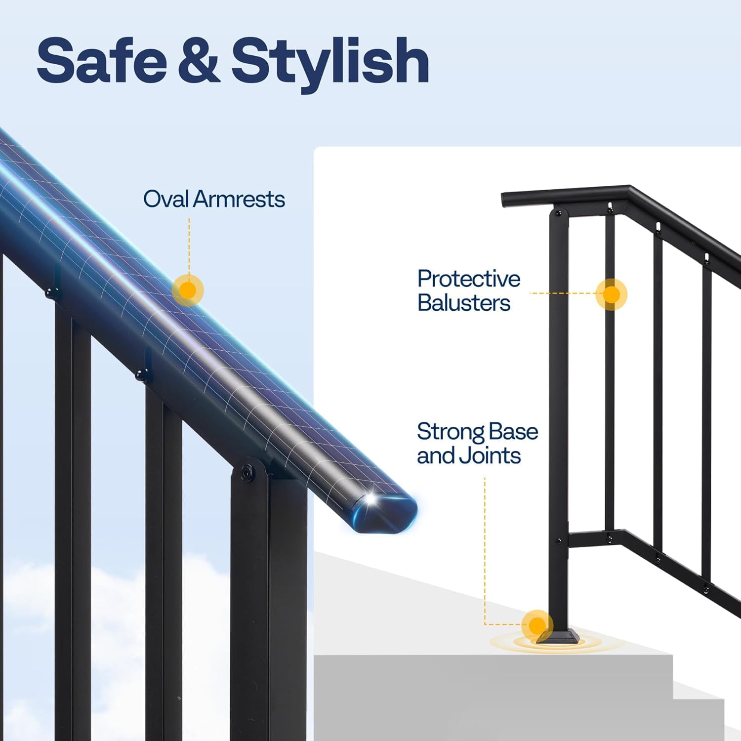 SPECSTAR 2-Pack Outdoor Handrails, 4-Step Galvanized Steel Hand Rails for Outdoor Steps – 27.1" Black Oval and Safety Balusters Exterior Railing Kit for Porch, Deck, or Indoor Stairs