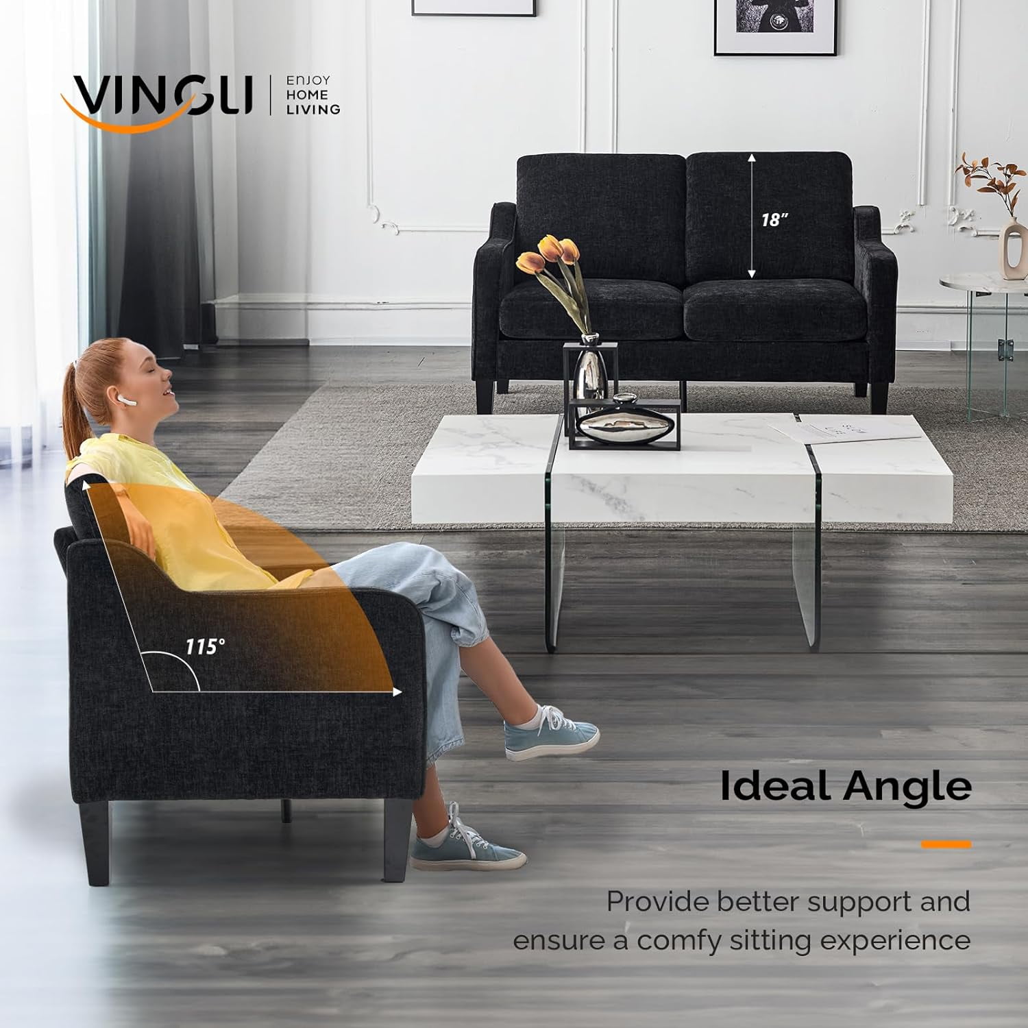 VINGLI Mid-Century Modern Compact Scooped Armrest Loveseat