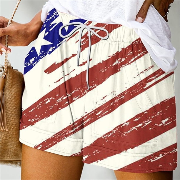 Puntoco Pantalones cortos de algodón para mujer Pantalones cortos de vendaje con bolsillo estampados de verano para mujer Pantalones casuales