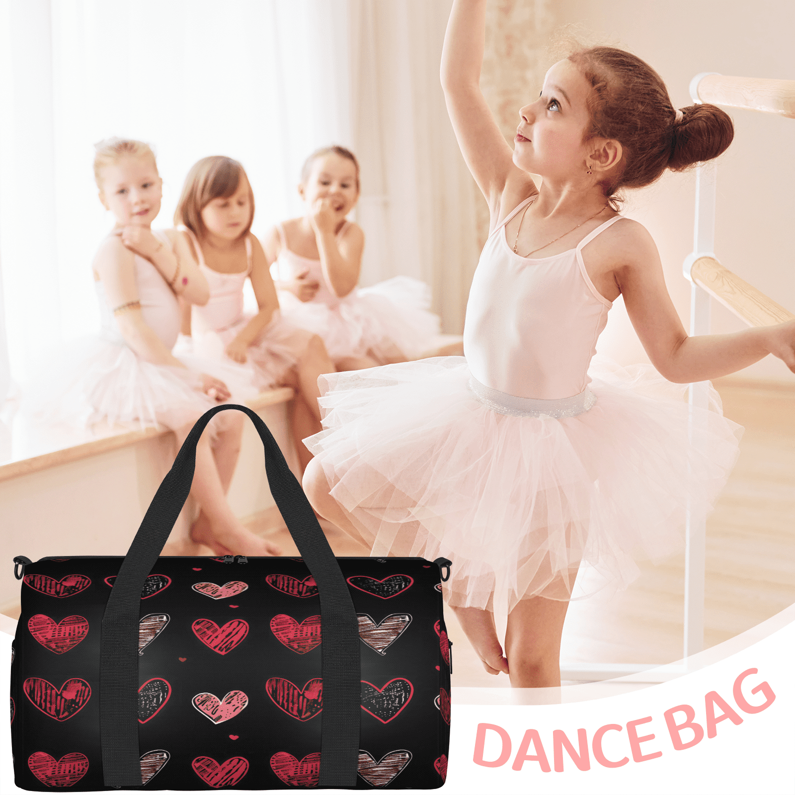 Herdesigns Valentine's Day Black Red Heart Gym Bag for Women, Duffle Bag for Travel Sport, Lightweight Waterproof Carry on Weekender Overnight Dance Yoga Workout Bags