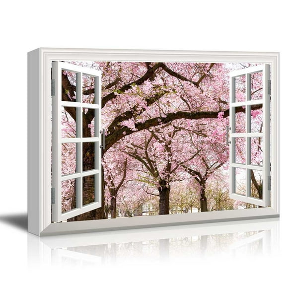 wall26 Canvas Print Wall Art Window View Cherry Blossoms in Spring Nature Wilderness Photography Modern Art Rustic Scenic Colorful Ultra for Living Room, Bedroom, Office - 24"x36"