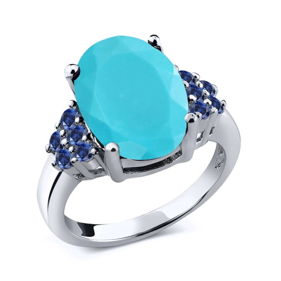 Gem Stone King 3.45 Ct Oval Green Turquoise Blue Created Sapphire 925 Sterling Silver Ring (Size 7)