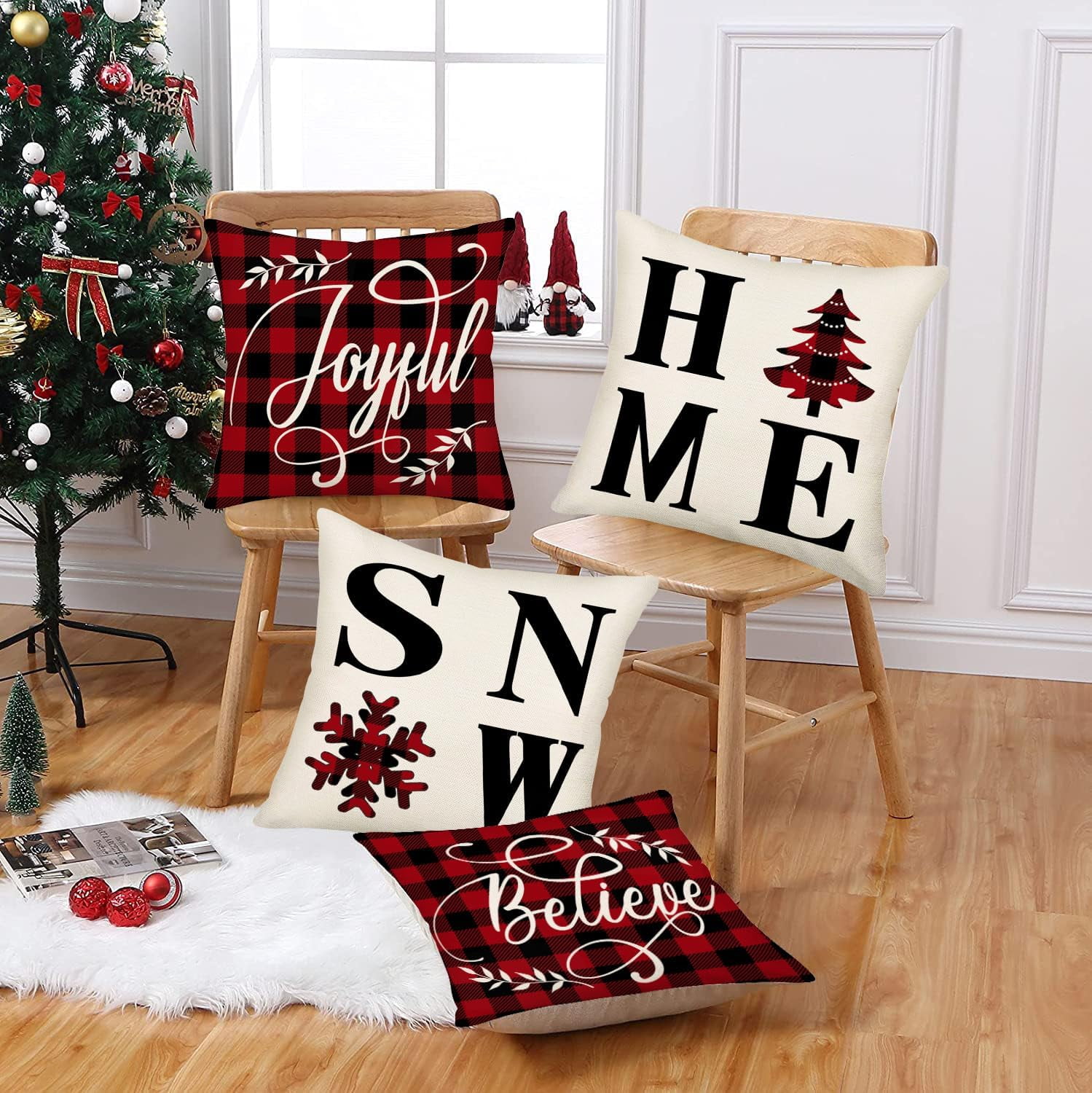 Merry Christmas Snow Home Pillow Cover Red Black Buffalo Plaid Believe Joyful Xmas Tree Snowflake Winter Christmas Farmhouse Decorative Throw Pillow Covers 16x16 Inch Set of 4 Cushion Case