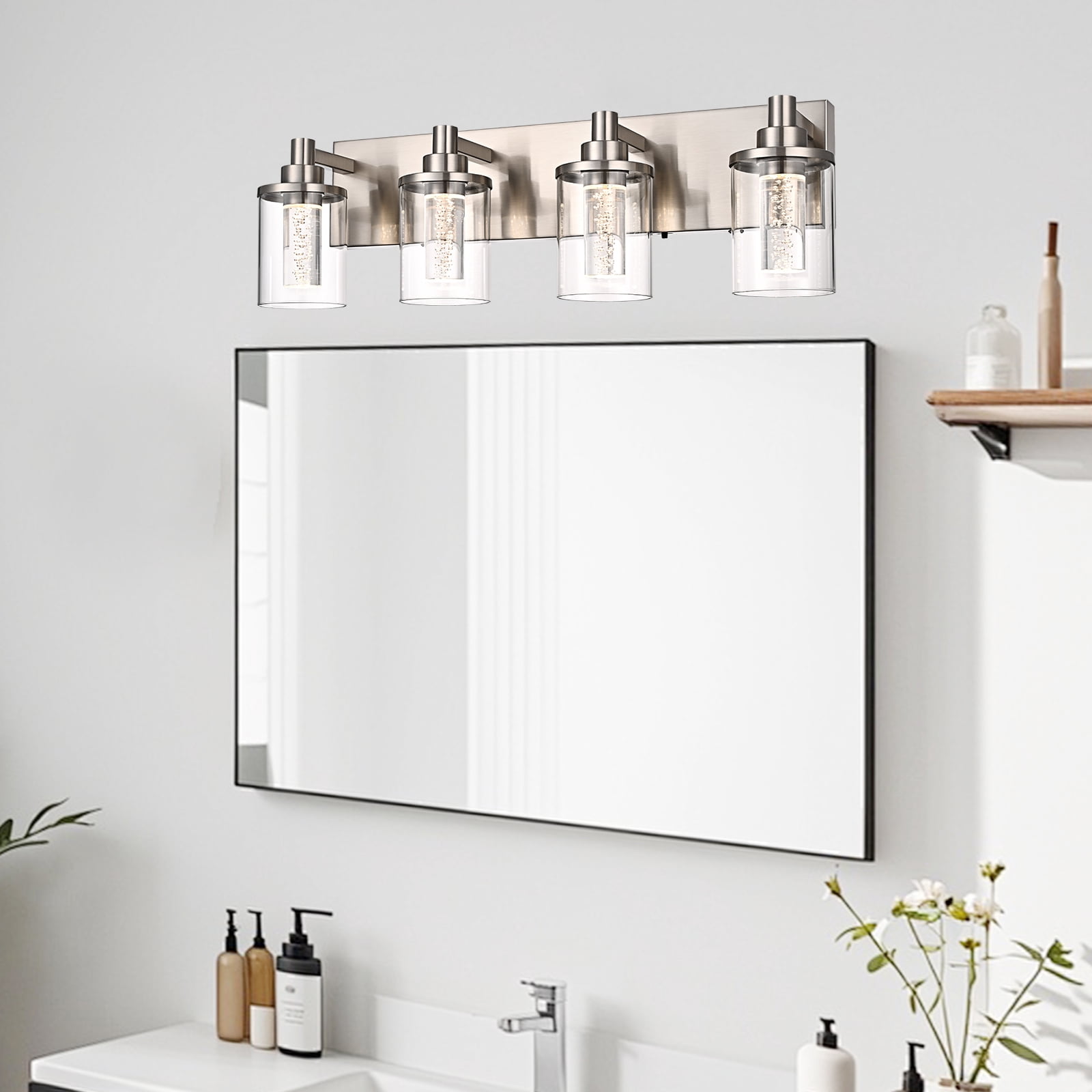 Melucee 5CCT Dimmable LED Brushed Nickel Vanity Lights 4-light, Modern Vanity Lighting Fixtures with Crystal Light Columns and Clear Glass for Bathroom Bedroom