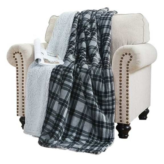 ELLE Home Railroad Plaid Gray, Black Flannel Plush Throw, 70" x 50"