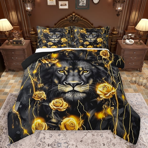 Homewish Animal Lion Boy Girl Bedding Comforter Set 2pcs,Chic Floral Golden Rose Twin Comforter Sets Microfiber,Abstract Vintage Flowers Wildlife Breathable Bedding Set,Ultra Soft Home Decor