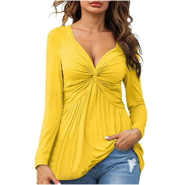 Primavera mujer moda cuello en V manga larga Color sólido Sexy Casual camisetas Fridja czfsfas5452