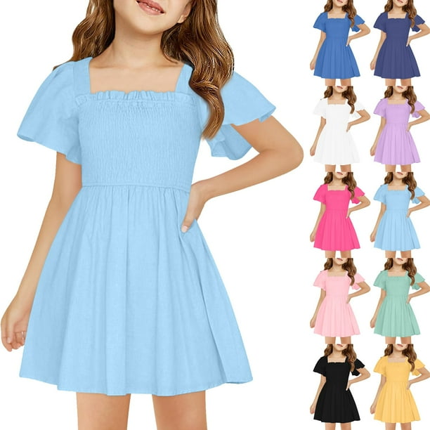 Girls' Summer Dress Kids 2025 Summer Dress Short Sleeve Square Neck Casual A-Line Dress for Kids in Soft Comfortable and Stylish ,Sie:120